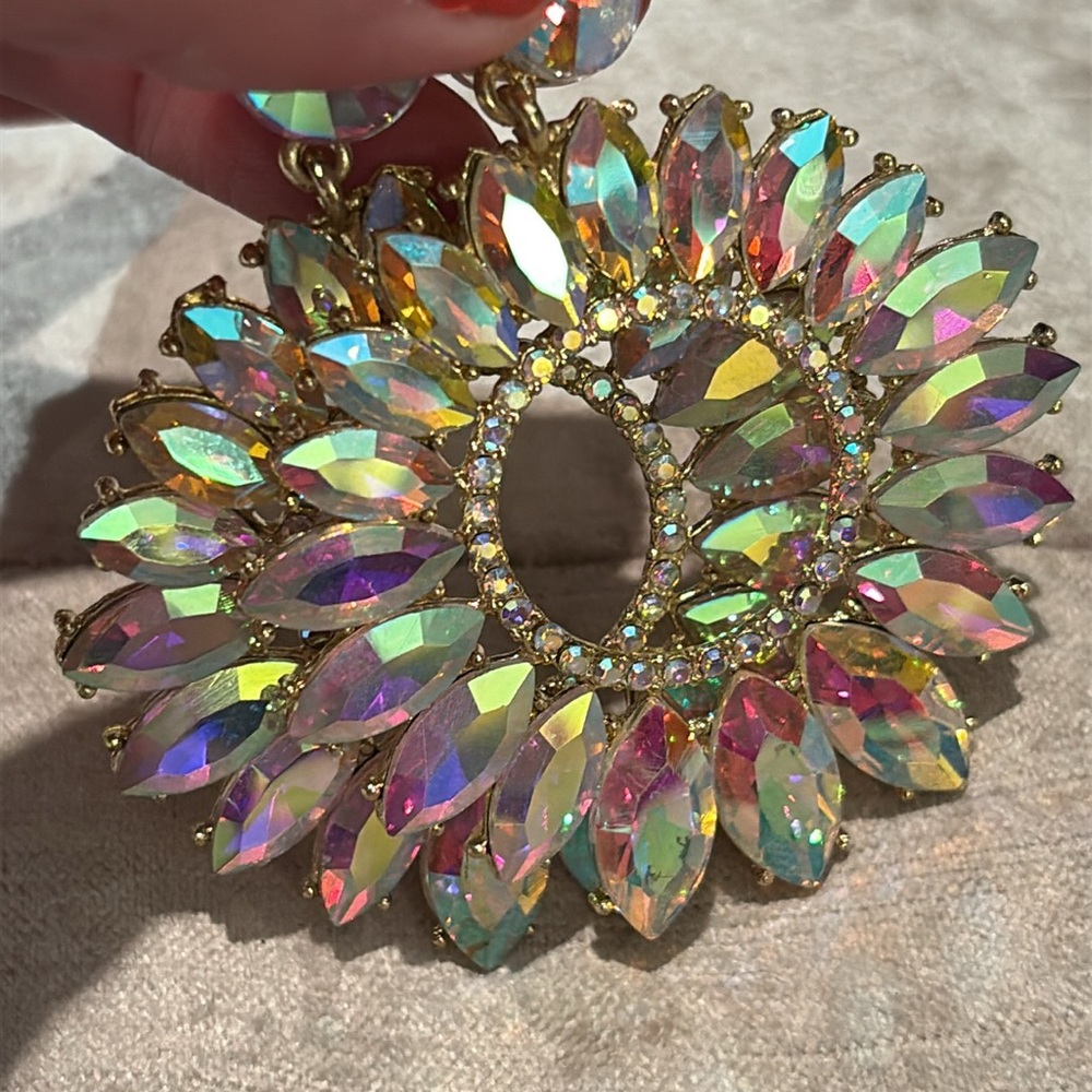 Aurora Borealis Iridescent Crystal Sunburst Earrings Post Back Open Circles